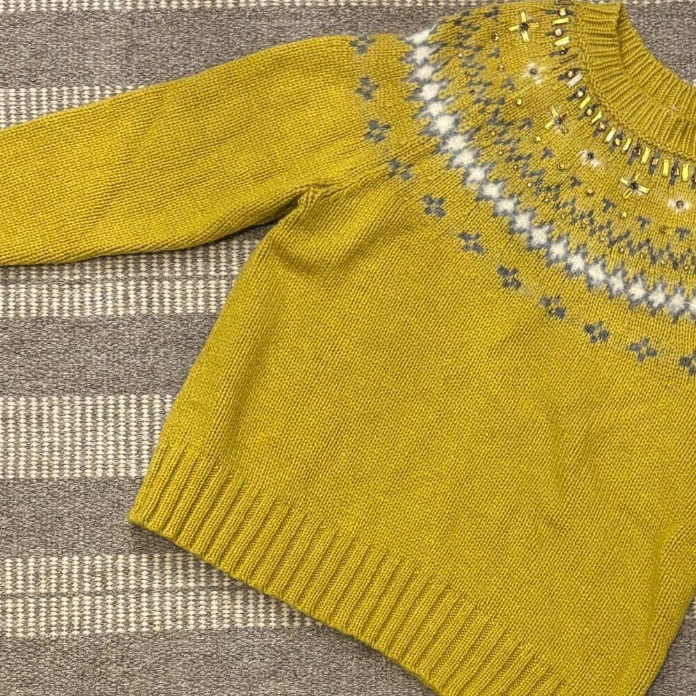 J.Crew Embellished Fair Isle Sweater Mustard Yellow Wool Blend Size M
